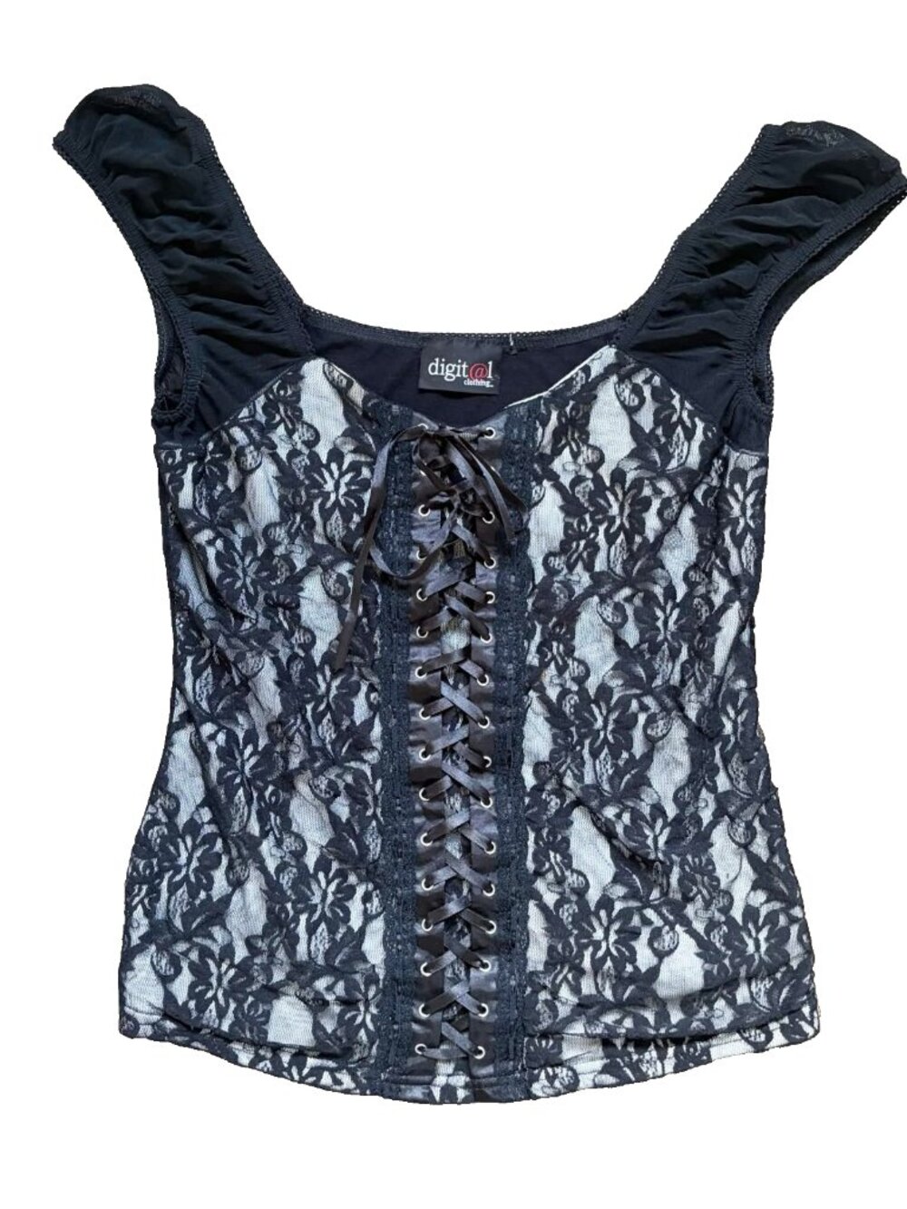 Vintage Y2K digit@l clothing Black Lace Corset Top Gothic Bustier Lace Up Front